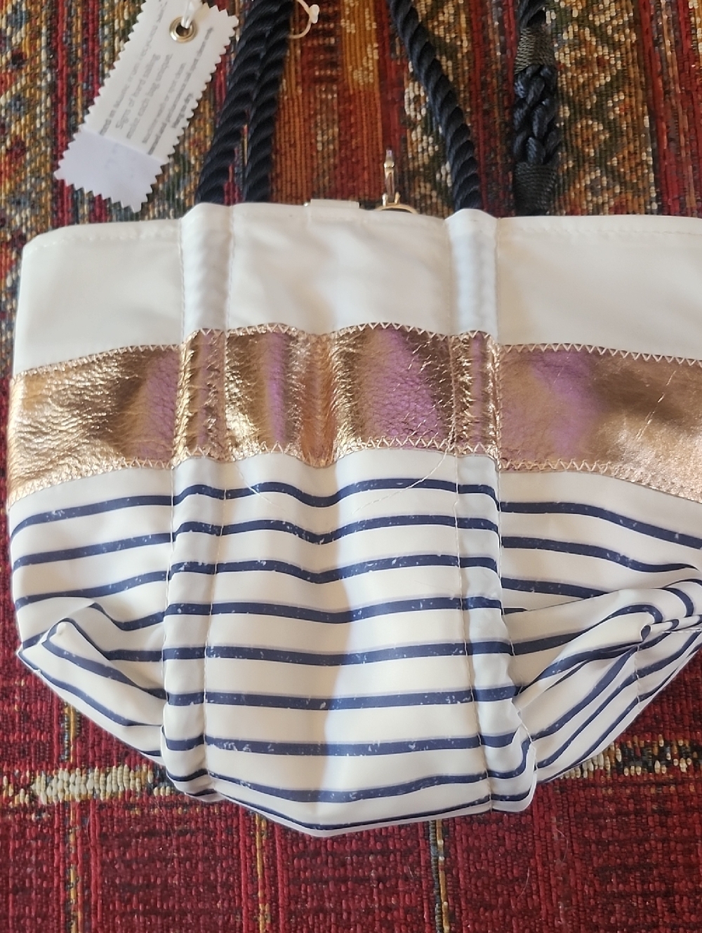 SeaBags White and Navy Striped Tote with Metallic Rose Gold Leather Band - Picture 2 of 4